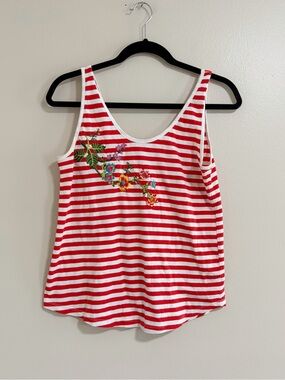 Zara Red & White Striped Floral Embroidered Tank Top Size Small
